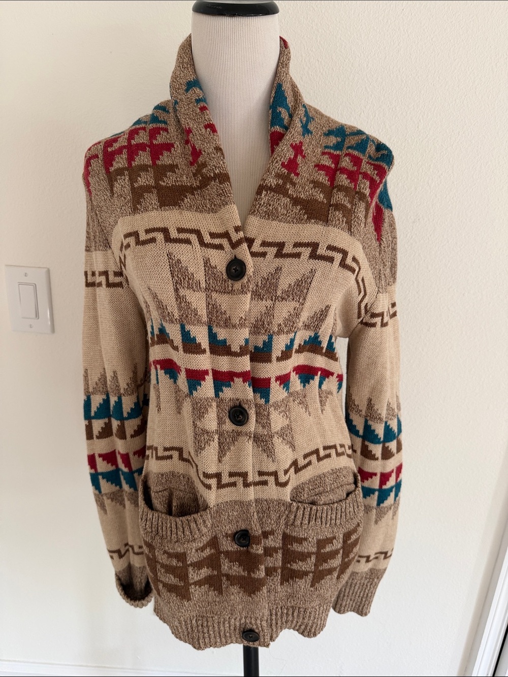 Pendleton Beige Aztec Shawl Collar Cardigan with Teal & Red Accents